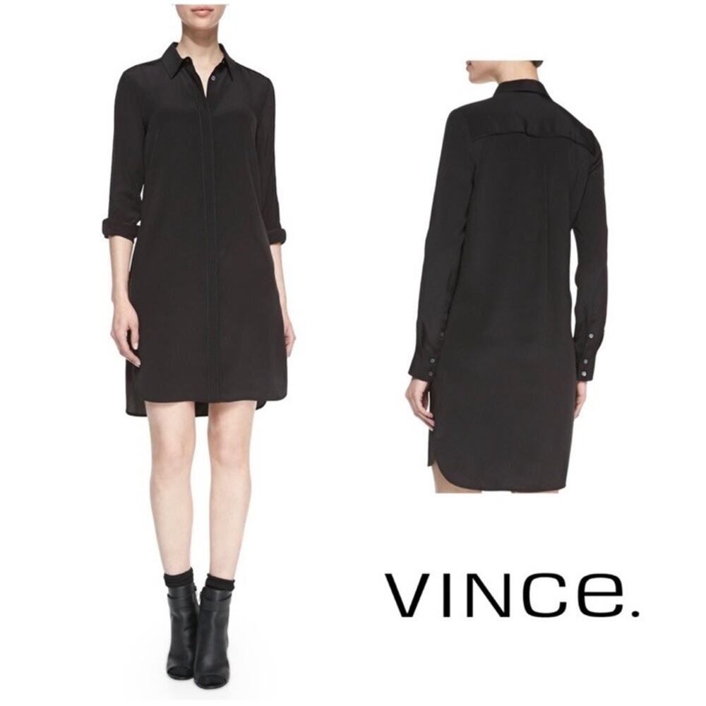 Vince Piped Long Sleeve 100% Silk Shirtdress Black Office Capsole Womens Size XS